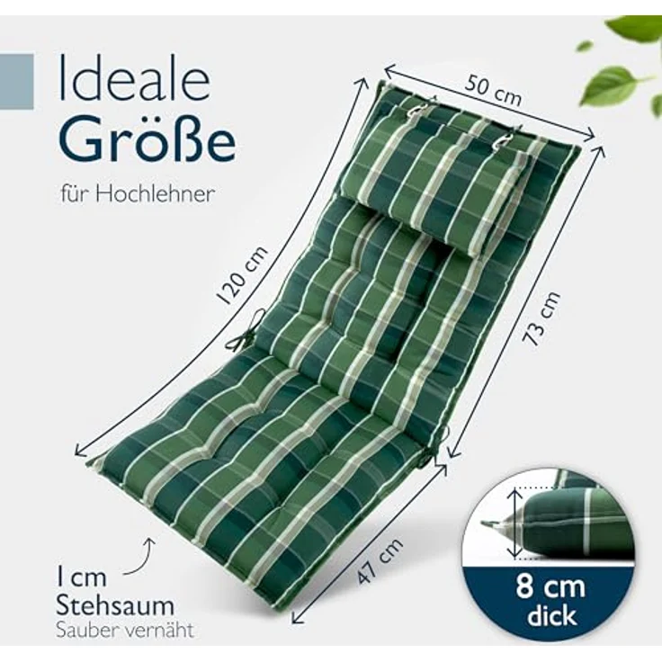 Beautissu Hochlehnerauflage 6er Set Sun-HL, 120x50x8 cm, Grün-Kariert, mit Kopfpolster, rutschfest, UV-Schutz 5, robust – Bild 3