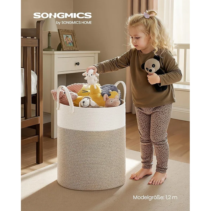 SONGMICS Wäschekorb, 60 L Wäschesammler für Kinder, Baumwollseil, mit Henkel, für Kinderzimmer, weiß-graubraun – Bild 2