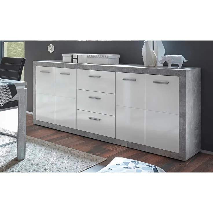 HBZ Sideboard Stone weiß Hochglanz, Wohnzimmerschrank BxHxT 206x90x45 cm (1 St), Mit 4 Türen, 3 geräumigen Schubkästen, 2 Einlegeböden verstellbar