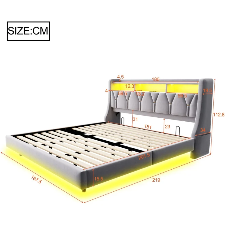 U-life Polsterbett 180x200 cm, fürs Schlafzimmer, klappbar, LED-Beleuchtung, Gepolstertes Kopfteil, Verbreiterte Bettbeine, Sperrholz, Hellgrau – Bild 10