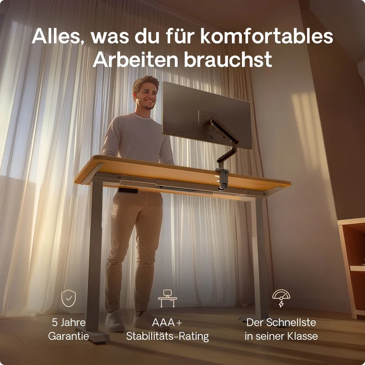 Desktronic HomeOne Elektrisch höhenverstellbarer Schreibtisch 120x60cm Grau/Eiche mit Memory-Funktion, Anti-Kollisions Technologie, USB-A und USB-C-Ladeanschlüssen – Bild 2