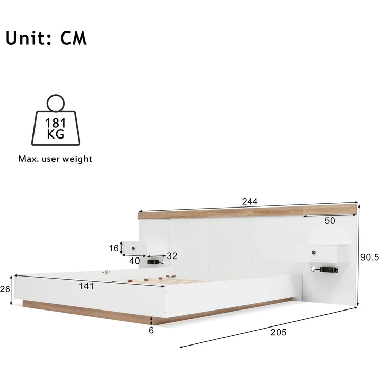 EINHOM Doppelbett Bettanlage mit 2 LED Nachtkommoden & USB C Steckdose 140 x 200 cm Holzbett Inkl 2 Nachttischen Schlafzimmer Komplett--205 x 244 cm × 90,5 cm (l/B/H) Set in Eiche Sonoma/Weiß, (Ohne Matratze) – Bild 2
