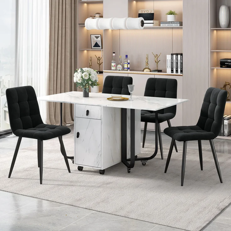 Essgruppe Set, klappbarer Esstisch 150x80x76 cm & 4 schwarze Samtstühle – Bild 1