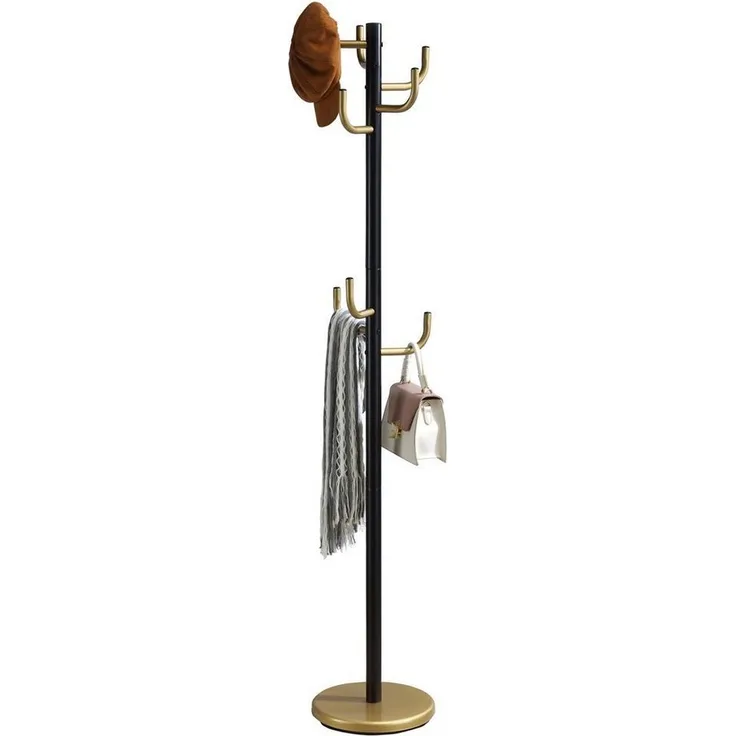 IDIMEX Kleiderständer Mila aus Metall in schwarz/Gold, praktischer Garderobenständer mit 8 Haken. Zeitloser Hutständer mit rundem Tellerfuß