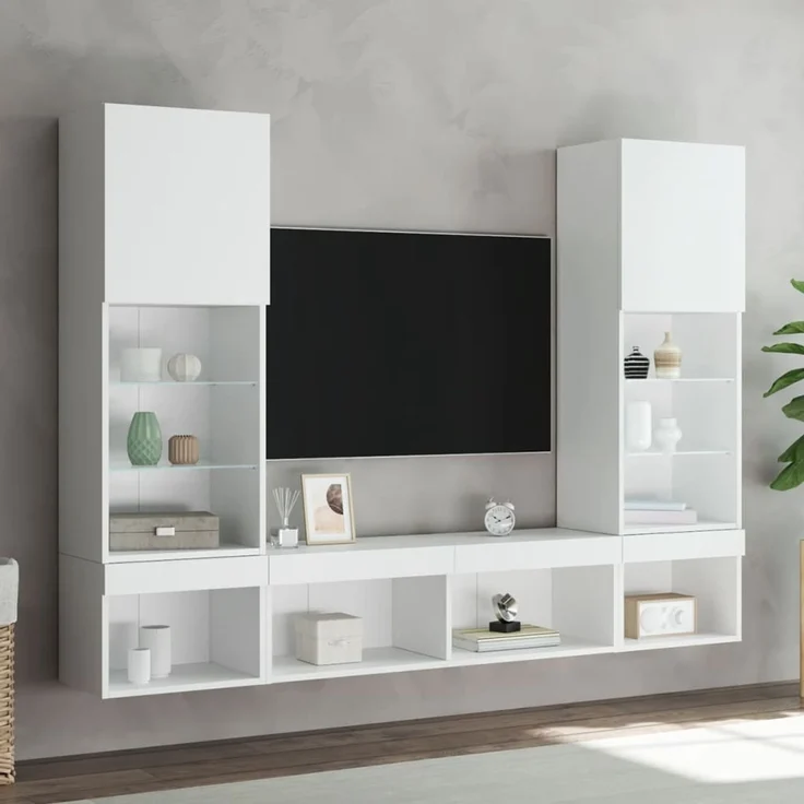vidaXL 5-tlg. Wohnwand mit LED-Beleuchtung Weiß Holzwerkstoff 3216690 – Bild 4