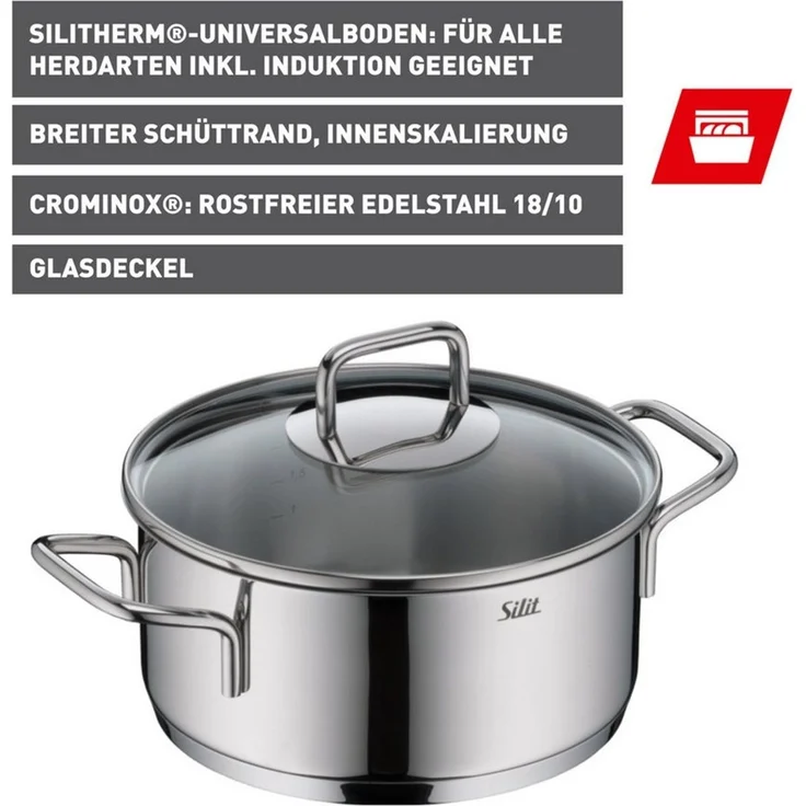 Silit Bratentopf Extra Cook, mit Glasdeckel, Edelstahl 18/10 (2-tlg), SiliTherm Universalboden, induktionsgeeignet, spülmaschinengeeignet – Bild 2