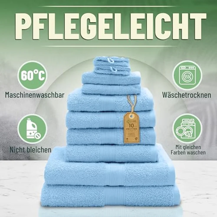 Green Mark Handtuch-Set mit 10 Teilen – 100% Baumwolle – 4 Handtücher 50×100 cm, 2 große Duschtücher 70×140 cm, 2 Gästetücher 30×50 cm und 2 Waschhandschuhe – Hellblau – Bild 9