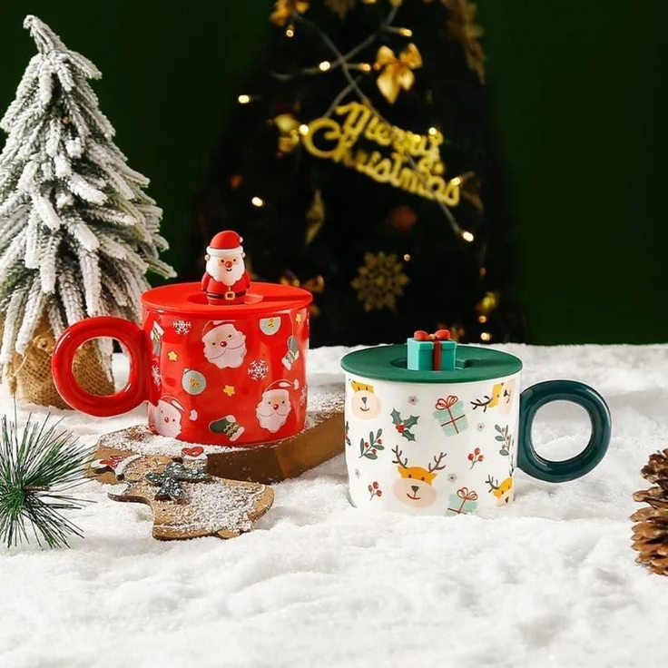 Keramik Weihnachtstasse Weihnachtsbecher Deckel Kaffeetasse 420ML – Bild 4