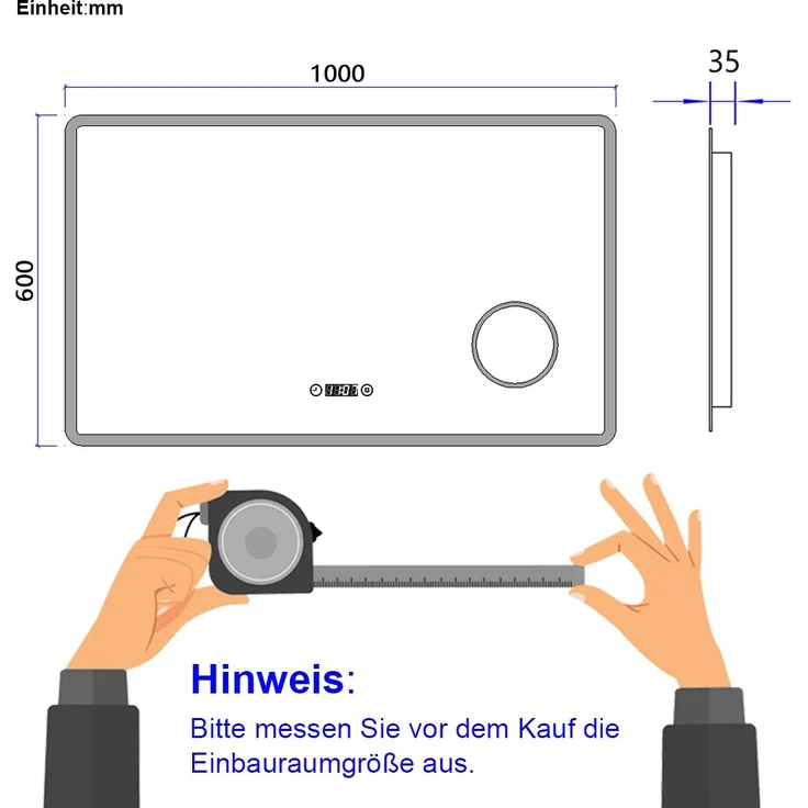 EMKE LED Badspiegel 100x60cm Uhr 3 Lichtfarben Dimmbar 3-fache Vergrößerung – Bild 5