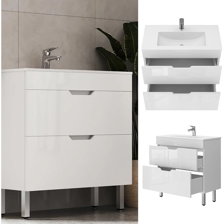 Waschbeckenunterschrank Clayton Weiß 2 Teile, Unterschrank 80 cm Vicco – Bild 2