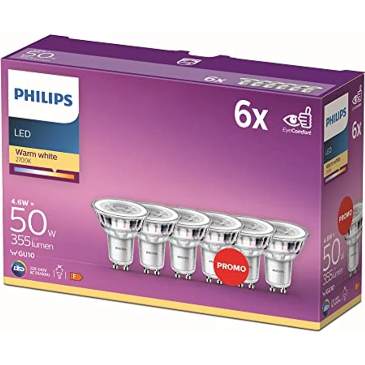 Philips LED Classic GU10 Lampen 6-er Pack (50 W), Reflektor LED Spots mit warmweißem Licht, energiesparende Lampen mit langer Nutzlebensdauer – Bild 2