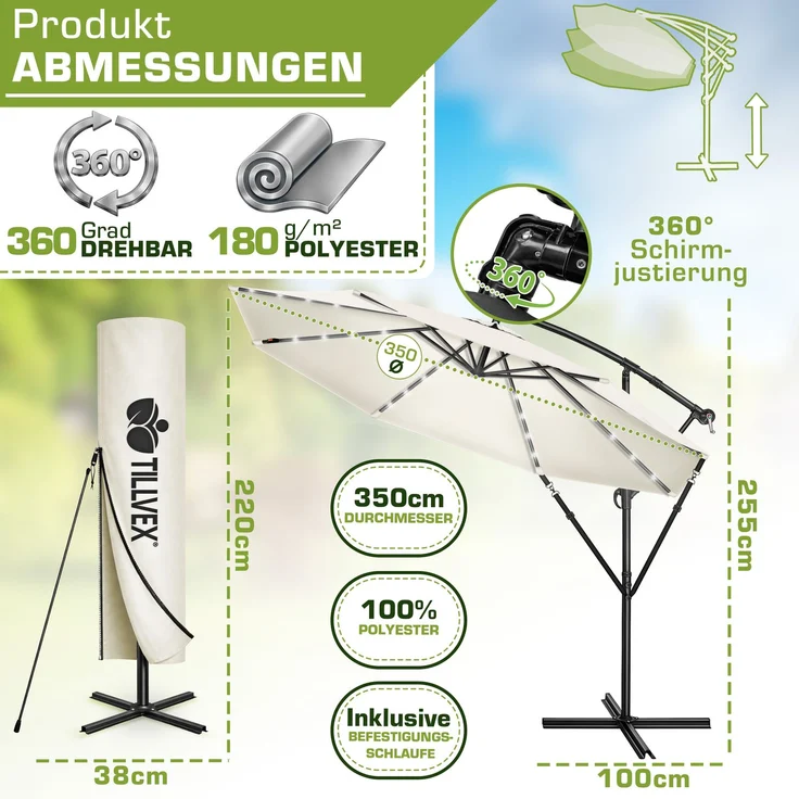 tillvex Alu Ampelschirm Beige LED Solar Ø 350 cm mit Kurbel | Sonnenschirm mit An-/Ausschalter | Gartenschirm UV-Schutz Aluminium | Kurbelschirm mit Ständer Marktschirm wasserdicht – Bild 2