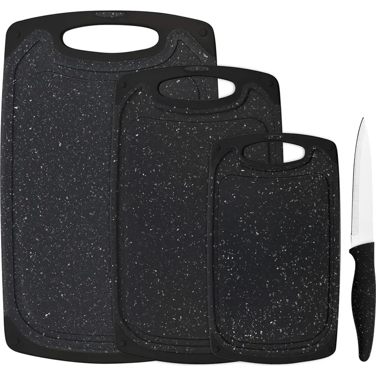 Schneidebrett-Set, 4-teilig, inkl. Messer, Granit-Look, schwarz