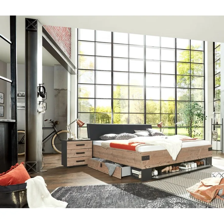 Bett 180cm Dopplebett Ehebett 3-tlg. Bettanlage STOCKHOLM Nachtkommoden grau braun Weißtanne