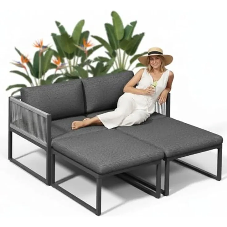 Melko Sitzgruppe Möbelset Aluminium Balkon Set wetterfest Gartenmöbel Sitzgarnitur, (inkl. höhenverstellbare Füße, 4-tlg, Aluminiummöbel), Hocker kann je nach Bedürfnissen als Tisch oder Liege verwendet werden