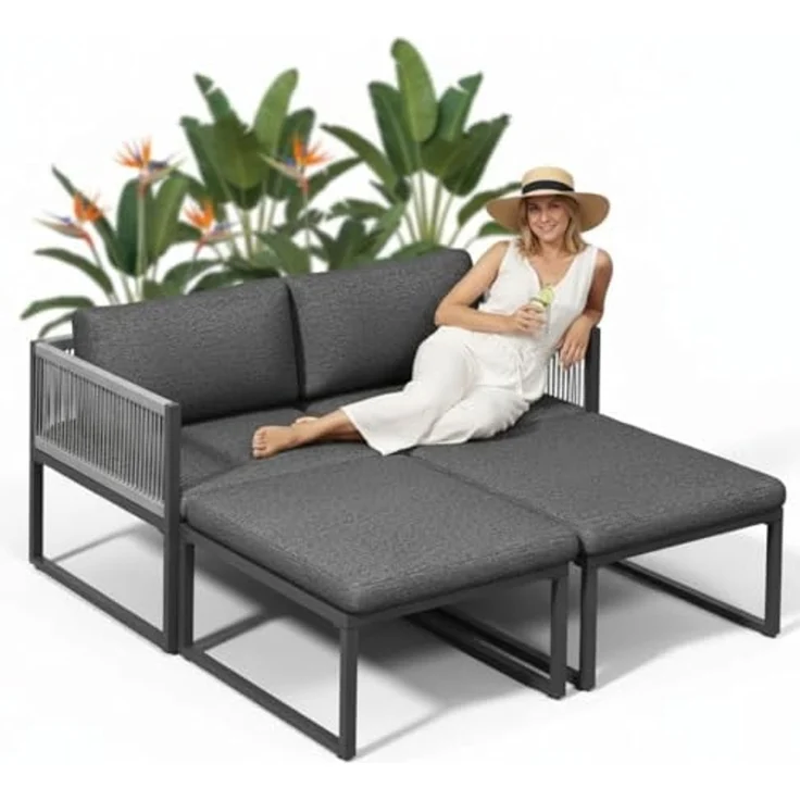 Melko Sitzgruppe Möbelset Aluminium Balkon Set wetterfest Gartenmöbel Sitzgarnitur, (inkl. höhenverstellbare Füße, 4-tlg, Aluminiummöbel), Hocker kann je nach Bedürfnissen als Tisch oder Liege verwendet werden – Bild 1