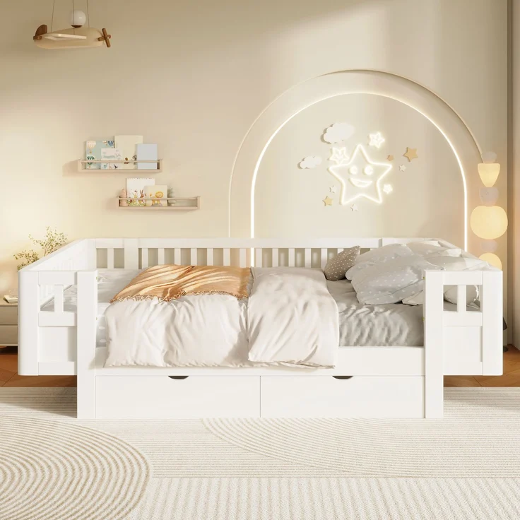 Merax Hochbett 140x200 Kinderbett, mit hohem Schutzgitter & zwei großen Schubladen, Weiß – Bild 5