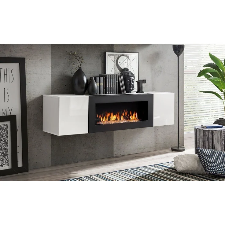 ASM-Moebel TV-Wand TV Tisch mit Bio-Ethanol Kamin und Hochglanz Fronten FLY SBK, Mit Bio-Ethanol Kamin, Push-Click System und Hochglanzfronten – Bild 1