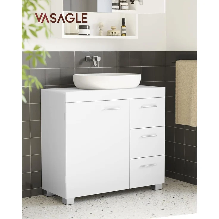 VASAGLE Waschbeckenunterschrank, Badezimmerschrankmit 3 große Schubladen, 2 Fächer, auch für Waschbecken mit Beckensäule, Badezimmer-Unterschrank mit Füßen, 30 x 70 x 64 cm, wolkenweiß BBK504W01 – Bild 2