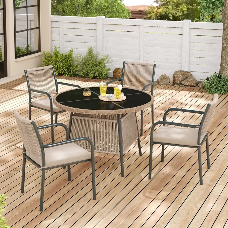 LVHOM 5-tlg. Gartenmöbel-Set, Sitzgruppe mit rundem Glastisch und 4 Polyrattan-Armlehnstühlen, inkl. Sitzpolster, Terrassenmöbel für 4 Personen, Wetterfest – Bild 7