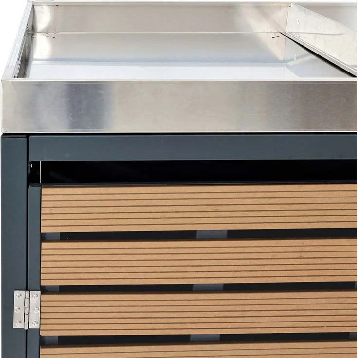 3er Mülltonnenverkleidung HWC-K14, Mülltonnenbox mit Pflanzkasten, 124x200x84cm WPC Edelstahl 107kg ~ Teak-Optik – Bild 8