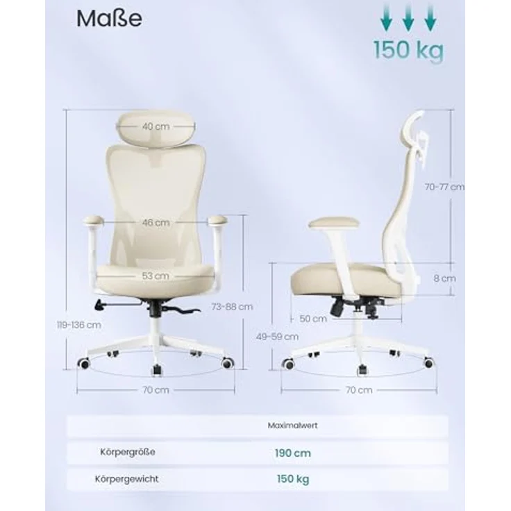 SONGMICS Bürostuhl ergonomisch, Schreibtischstuhl, Computerstuhl, verstellbare Lenden- und Kopfstütze, bis 150 kg belastbar, höhenverstellbar, sandbeige OBN066LF01 – Bild 3