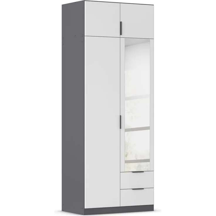 Rauch Möbel Lagoa, Kleiderschrank, Garderobe für Schlafzimmer, Kinderzimmer, Jugendzimmer 4-türig, mit Spiegel, 2 Schubladen, Farbe Weiß /Grau metallic, Schwarz, Breite 91
