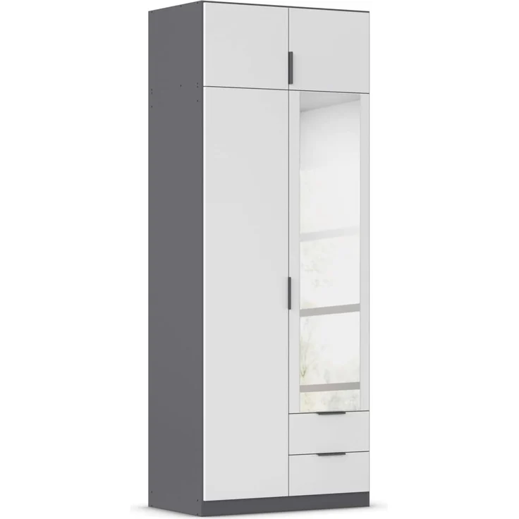 Rauch Möbel Lagoa, Kleiderschrank, Garderobe für Schlafzimmer, Kinderzimmer, Jugendzimmer 4-türig, mit Spiegel, 2 Schubladen, Farbe Weiß /Grau metallic, Schwarz, Breite 91
