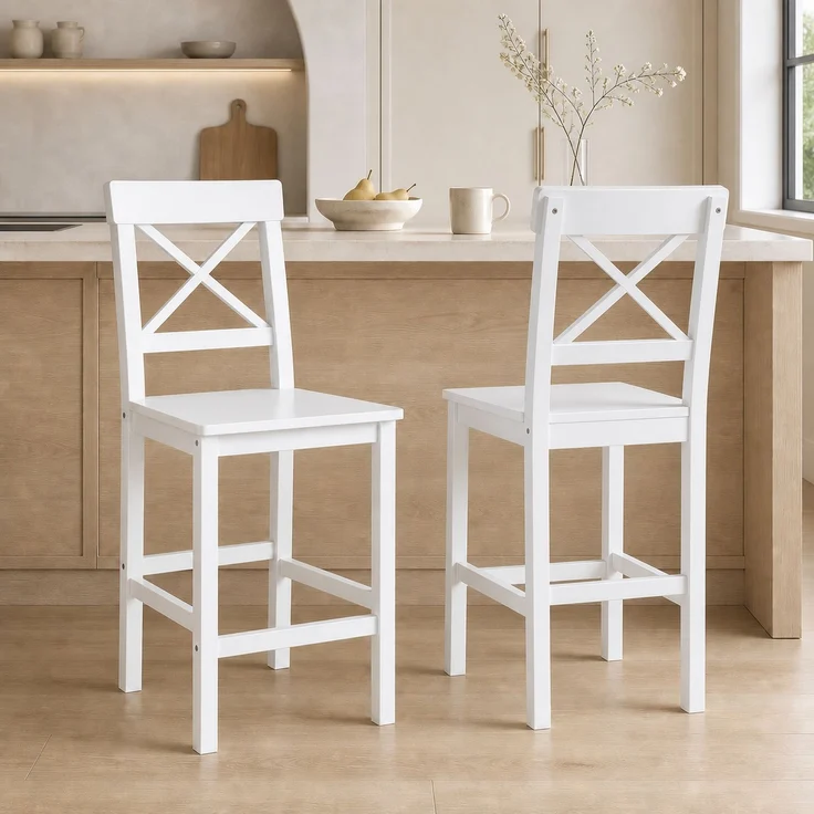 2er-Set Hochstühle, Barhocker im Country-Chic-Stil aus Holz, Höhe 60 cm, mit Fußstütze, weiß – Bild 3
