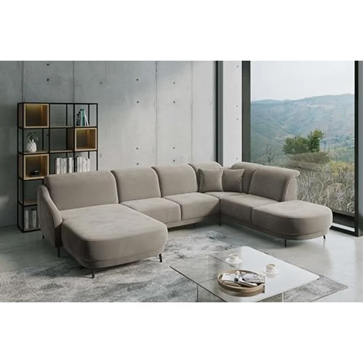 CAVADORE Wohnlandschaft Blue, Sofalandschaft mit Longchair im modernen Design, inkl. kopfteilverstellung, Vorziehsitz motorisch, Klapptisch, USB-Anschluss, mattschwarzen Metallfüßen, Hellgrau – Bild 2