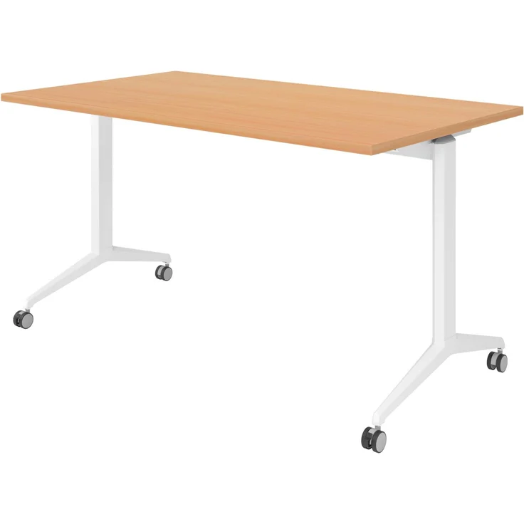 bümö Seminartisch klappbar fahrbar 140x80 cm Buche, Gestell weiß - Klapptisch staffelbar, mit vier Doppelrollen Büro Schulungstisch, KFZ14-6-W – Bild 1