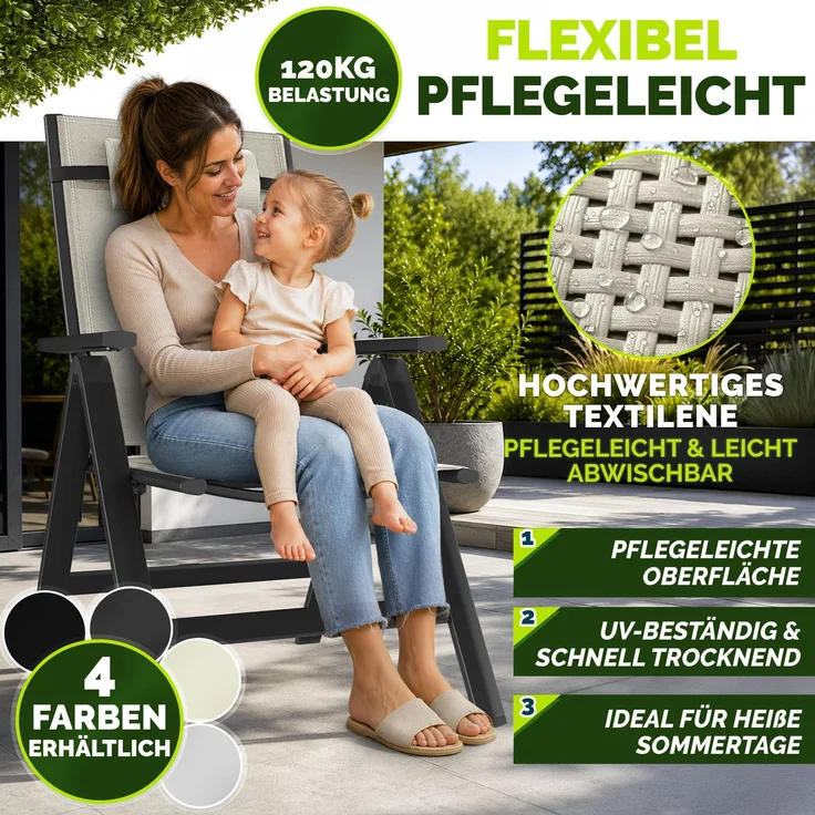 tillvex Gartenstuhl Premium 2 Stück Beige klappbar aus Aluminium | Hochlehner mit Armlehnen | Klappstuhl verstellbar | Klappsessel Balkon Garten Terrasse – Bild 4