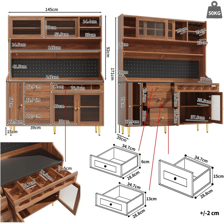 Hochschrank 145x39x171 cm in Walnuss mit LED, Glasschiebetüren und höhenverstellbaren Böden – Bild 5