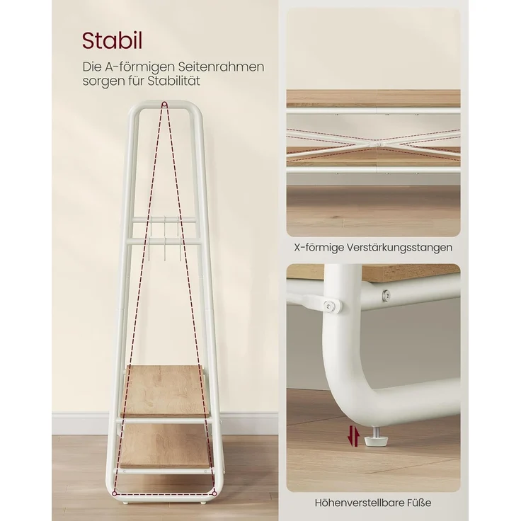 VASAGLE Kleiderständer, Garderobenständer, Garderobe, 2 Ablagen, 6 Haken in S-Form, Stahlgestell, naturbeige-mattweiß – Bild 4
