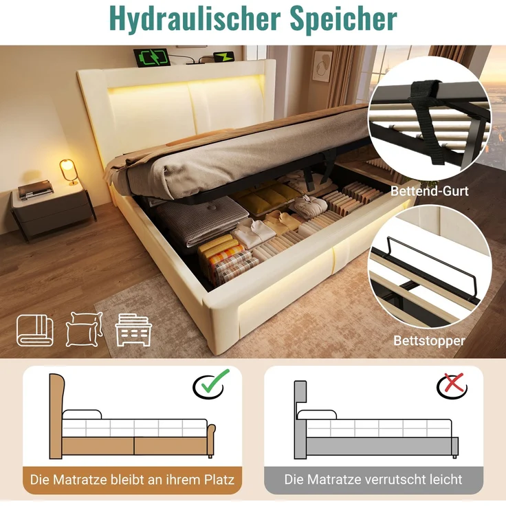 EINHOM Einzelbett 180 x 200 cm mit Stauraum, Hydraulisches Bett, LED-Beleuchtung mit APP-Steuerung, USB- & Type-C-Ladeanschlüsse, Samt, Kopfteil mit Gebogenem Design, Beige (Ohne Matratze) – Bild 5