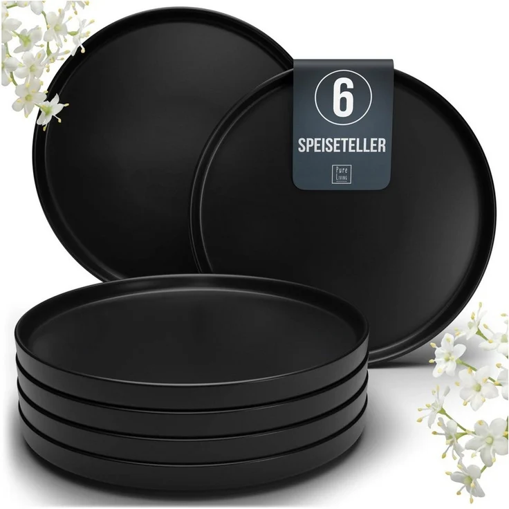 PURE LIVING INTERIOR DESIGN Geschirr-Set Manhattan Speisseteller, Dinnerteller, 6er-Set, 26 cm, Schwarz (1-tlg), 6 Personen, Steingut, Robust, kratzfest, spülmaschinenfest und mikrowellengeeignet – Bild 1