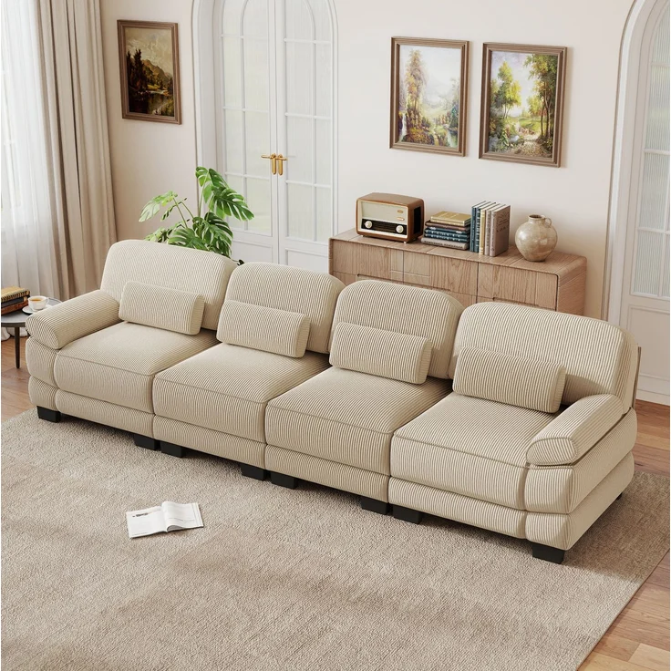 DESVIAE Sofa Beige aus Cord – 336x88,5x94 cm – Lendenkissen, modulare Elemente – Bild 3