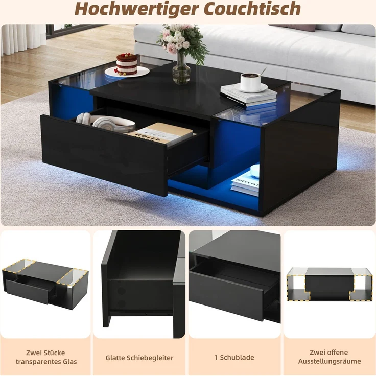 Quadratischer Couchtisch 100 x 50 x 31 cm, Hochglanz schwarz, gehärtetes Glas, 1 Schublade, halboffener Stauraum,mit LED-Lichtleiste – Bild 8