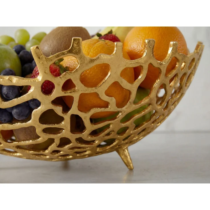 FINEBUY Obstschale FB77651 Früchtekorb Aluminium Gold 46cm Dekoschale Obstkorb Metall, Aluminium, (Schöne Früchteschale in schicker Korallenoptik), Drei kleine Standbeine für sicheren Halt – Bild 5