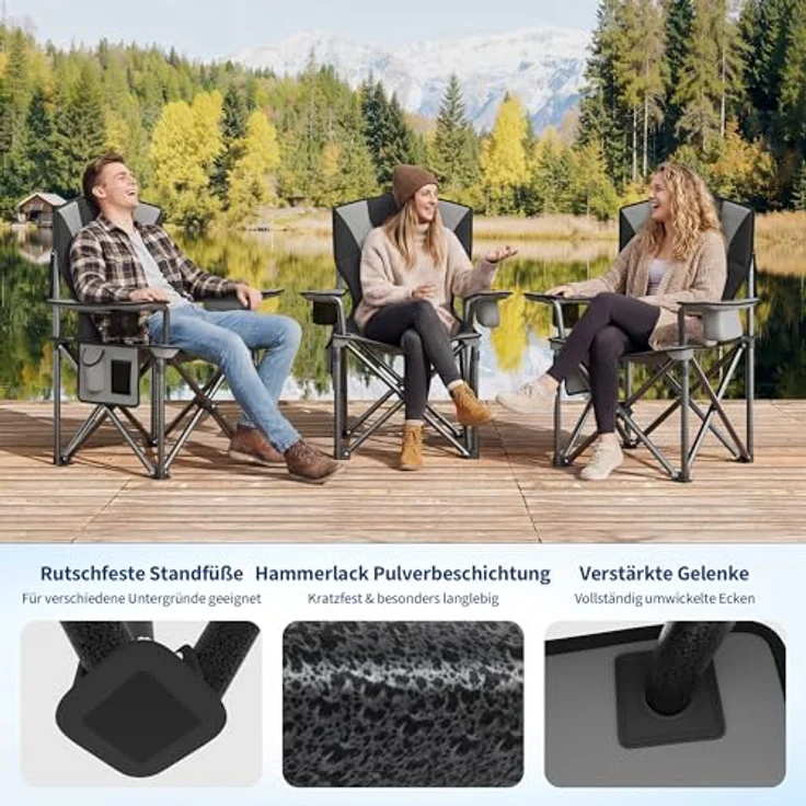 GarveeHome Campingstuhl faltbar bis 200 KG belastbar, Ultragroßer Angelstuhl 64 cm mit hoher Rückenlehne & Polsterung, Camping Stuhl Sessel inkl. Tragetasche für Garten Balkon Strand Schwarz/Grau – Bild 6