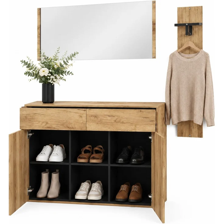 Garderoben-Set mit Spiegel, Kleiderstange & Schuhschrank, 125x35x178 cm, Natur/Schwarz – Bild 7