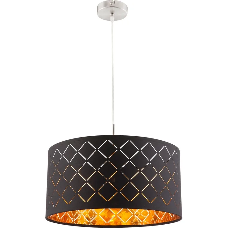 Hängeleuchte, Metall Textilschirm, schwarz gold, H 140cm