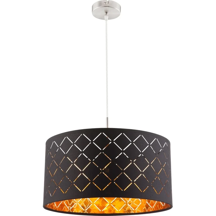 Hängeleuchte, Metall Textilschirm, schwarz gold, H 140cm – Bild 1