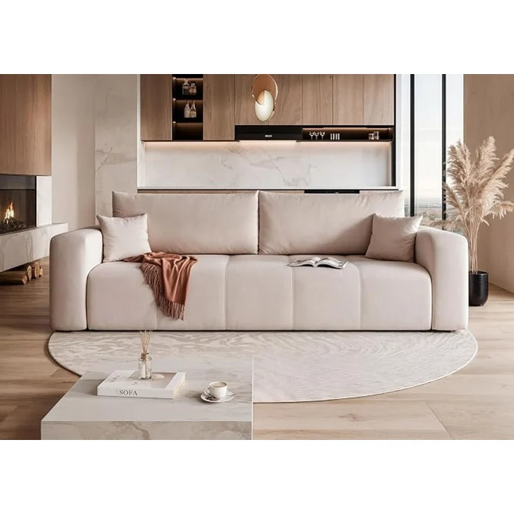 Ein Schlafsofa mit Schlaffunktion und Staufächern, gefertigt aus Massivholz und mitteldichter Faserplatte, mit Ziernähten auf der Sitzfläche. – Bild 2