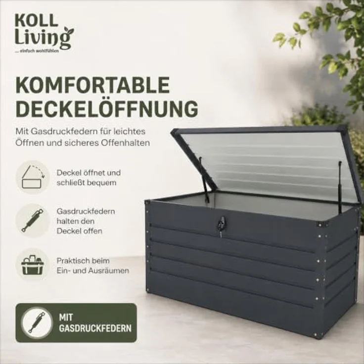 Koll Living Gartenbox Torix, 600 Liter, pulverbeschichtet, anthrazit, UV- und witterungsbeständig, inklusive Gasdruckfedern – Bild 2