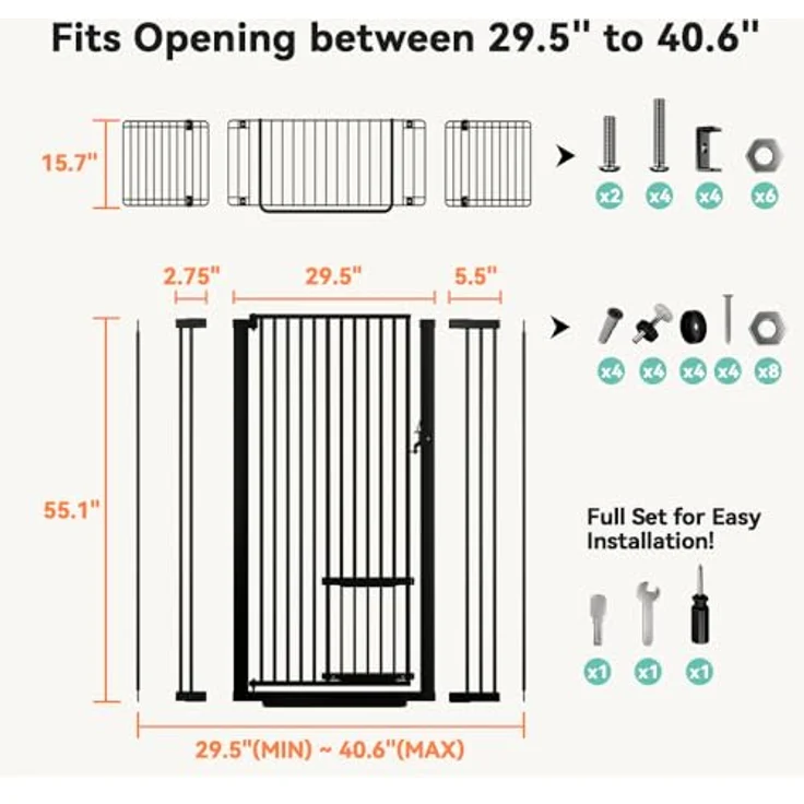 COMOMY 180 cm Extra Hoch Türgitter Katze/Hund, 75-103 cm Extra Breit Türschutzgitter mit Verstellbarer Katzenklappe, Tierschutzgitter Ohne Bohren für Treppen, Türen, Küche (Schwarz) – Bild 7