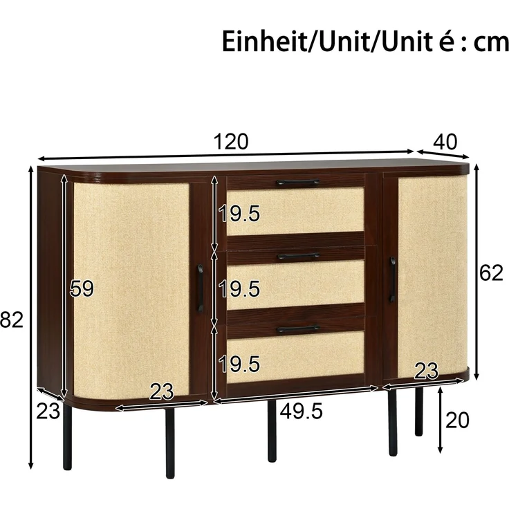 Flieks Sideboard 120 x 40 x 82 cm mit 2 Türen, 3 Schubladen, Geflechtfronten und verstellbaren Einlegeböden, Walnussholzoptik – Bild 4
