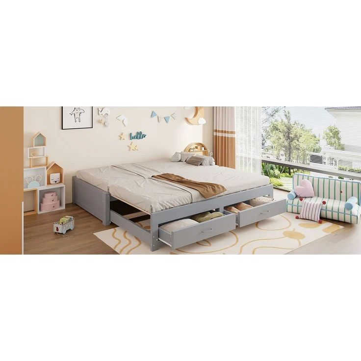 ZUBALIYA Tagesbett 90/180 × 190 cm, Holz, Ausziehbett, Schubladen, Lattenrost, Grau – Bild 7