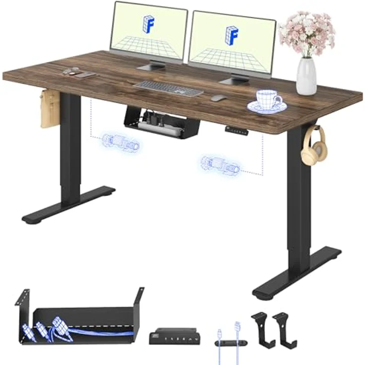 FLEXISPOT Höhenverstellbarer Schreibtisch mit 2 Motoren & 25MM einteiliger Tischplatte,ergonomischer Bürotisch - 140x80 cm Walnussbraun, schwarzes Gestell – Bild 2