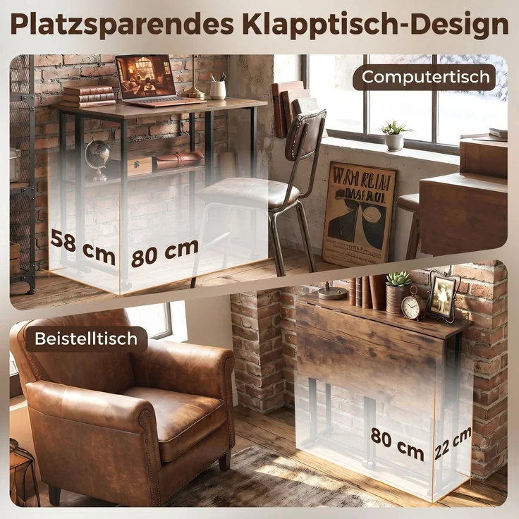Klappbarer Schreibtisch mit Ablagefach, 80 cm Klapptisch für kleine Räume, Büro, Rustikales Braun--Rustikal-Braun--75x58x80cm--YOUDENOVA – Bild 6